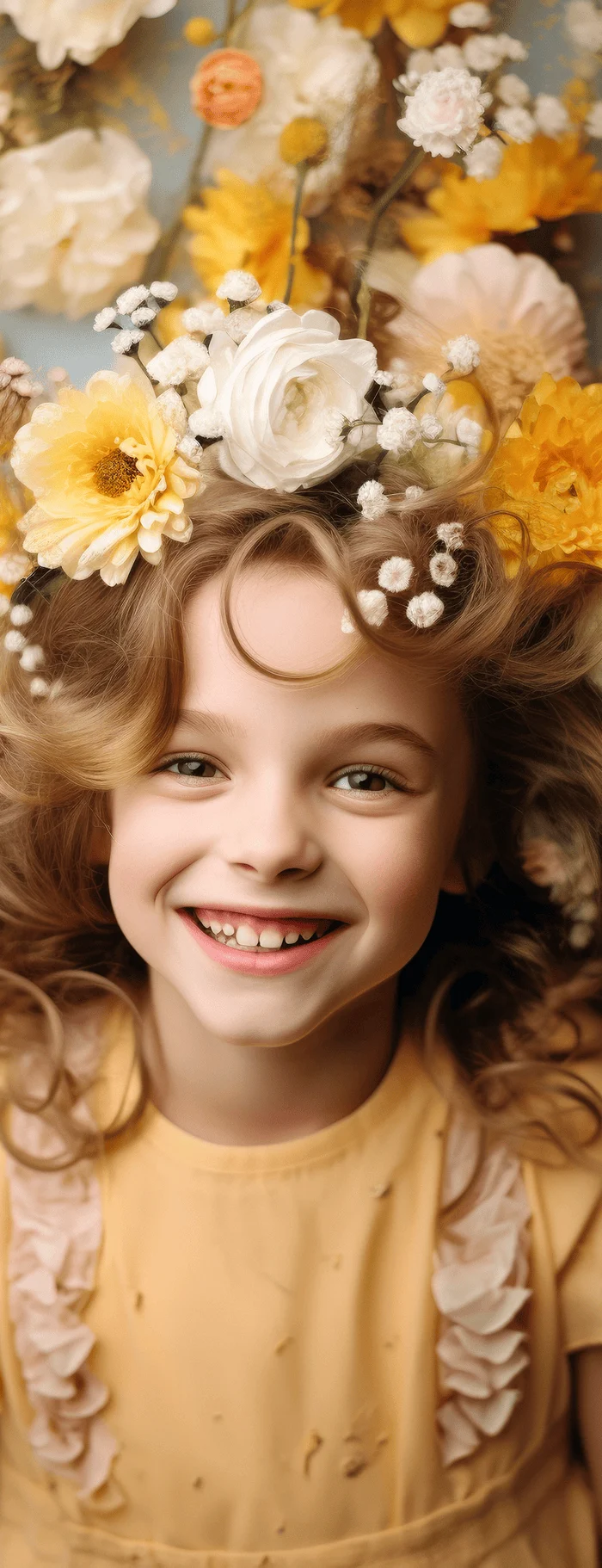 Smiling young girl wearing a yellow dress with a floral crown of white and yellow blossoms